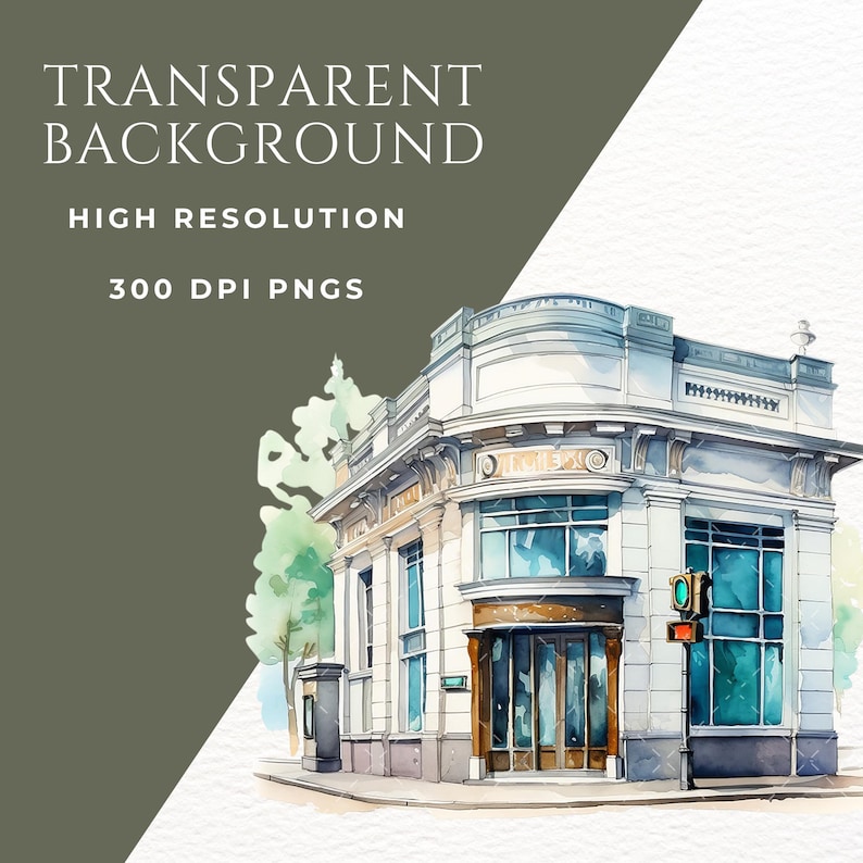 May include: Watercolor illustration of a building with large windows and a detailed facade. The image includes text that reads "TRANSPARENT BACKGROUND", "HIGH RESOLUTION", and "300 DPI PNGS". The building has a classic architectural style.