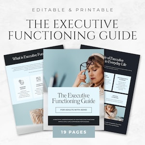 Op de afbeelding: Een blauw-wit gestreepte stoel staat voor een blauwe muur. Een vrouw houdt een bril tegen haar voorhoofd. De tekst "The Executive Functioning Guide for Adults with ADHD" staat op een witte achtergrond met een blauwe rand. De tekst "19 Pages" staat op een blauwe achtergrond met een witte rand.