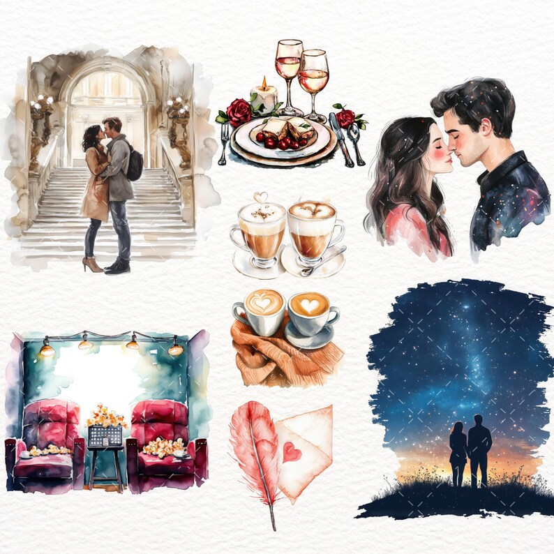 May include: Watercolour illustration of a couple kissing, a couple walking, a couple drinking coffee, a couple sitting in a cinema, a couple under a starry sky, and a feather with a heart on it.