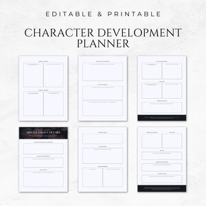 May include: Printable character development planner with sections for character appearance, backstory, skills and talents, and miscellaneous details.
