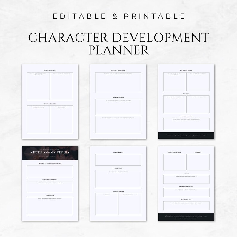 May include: Printable character development planner with sections for character appearance, backstory, skills and talents, and miscellaneous details.