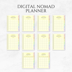 Puede incluir: Un conjunto de p&aacute;ginas de planificador digital con un fondo amarillo claro y barras laterales de colores arco&iacute;ris. El texto "DIGITAL NOMAD PLANNER" est&aacute; en la parte superior. Las p&aacute;ginas incluyen dise&ntilde;os de calendario mensuales y semanales.