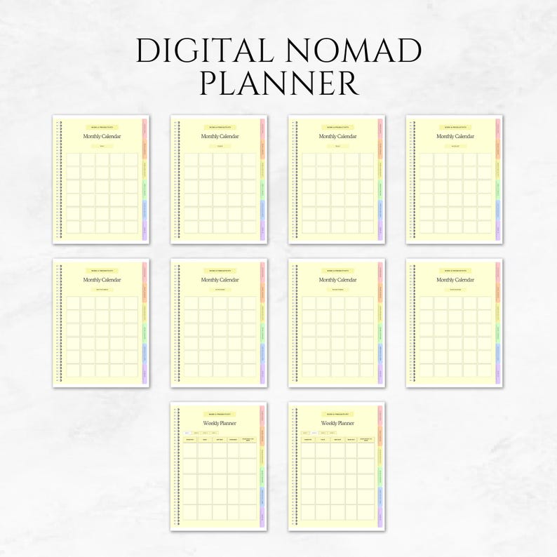 Puede incluir: Un conjunto de p&aacute;ginas de planificador digital con un fondo amarillo claro y barras laterales de colores arco&iacute;ris. El texto "DIGITAL NOMAD PLANNER" est&aacute; en la parte superior. Las p&aacute;ginas incluyen dise&ntilde;os de calendario mensuales y semanales.