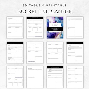 Pu&ograve; includere: Pianificatore di lista dei desideri stampabile con un design marmoreo in tonalit&agrave; di blu, viola e rosa. Il pianificatore &egrave; diviso in sezioni per salute e fitness, hobby e abilit&agrave;, progetti di benessere e viaggi.
