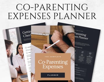 May include: An editable and printable co-parenting expenses planner. The image shows a stack of pages with the title "Co-Parenting Expenses Planner" and "16 Pages". The image also shows people in the background.