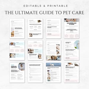 May include: A printable guide to pet care with 9 pages, each with a different topic, including grooming, hygiene, exercise, and play. The pages are decorated with images of dogs and cats.