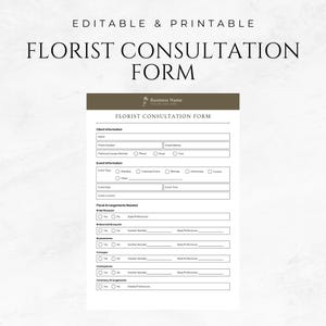 Op de afbeelding: Een printbaar formulier voor bloemistconsultatie met secties voor klantgegevens, evenementdetails en benodigde bloemstukken. Het formulier bevat velden voor naam, telefoonnummer, e-mailadres, type evenement, datum, tijd, locatie en voorkeuren voor bloemstukken.