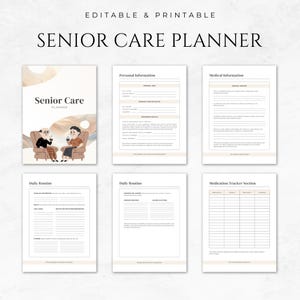 May include: Printable senior care planner with sections for personal information, medical information, daily routine, and medication tracking. The cover features a cartoon illustration of two seniors sitting in chairs.