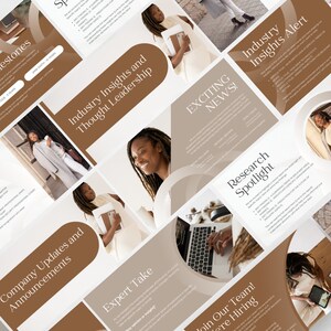 May include: A presentation slide deck with a brown and white color scheme. The slides feature text about industry insights, thought leadership, company updates, research, and exciting news. The slides also feature images of people working on laptops and other devices.