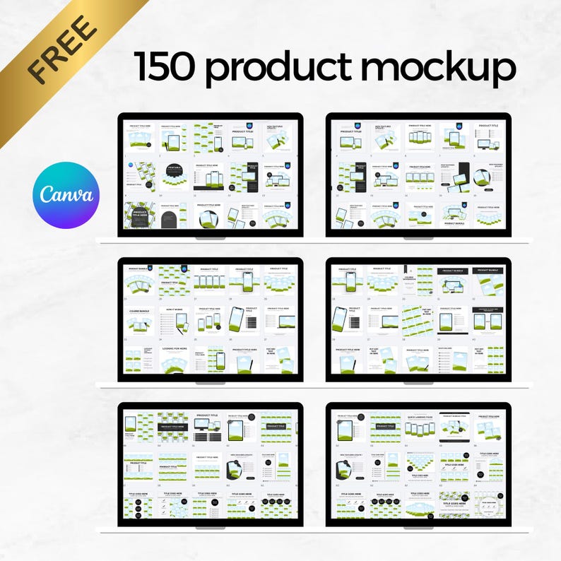 May include: A digital product mockup template displayed on six laptop screens. The screens showcase various product mockups with green and white design elements. The text "150 product mockup" is visible, along with the Canva logo and the word "FREE".