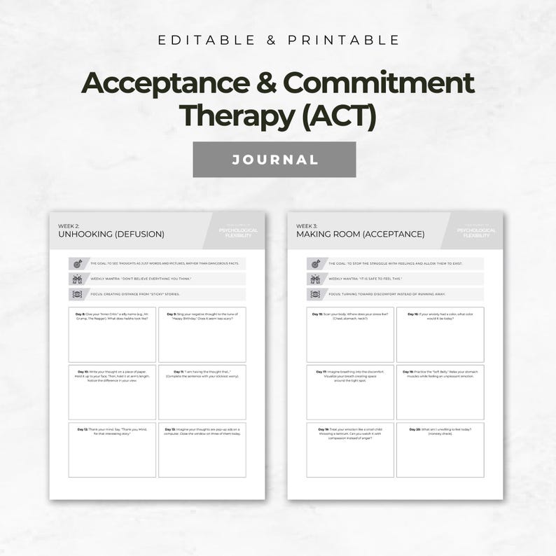May include: A printable journal with the title "Acceptance & Commitment Therapy (ACT)". The journal is designed for psychological flexibility and includes sections on unhooking and making room. The pages are white with black text.