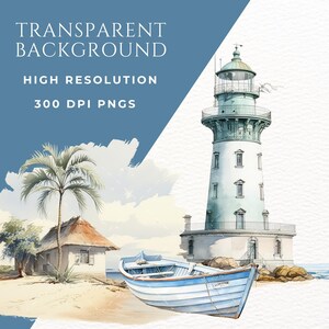 May include: A watercolour painting depicting a lighthouse, a small thatched cottage, a palm tree, and a small boat on a sandy beach. The lighthouse is white with a green roof and a blue door. The cottage is white with a brown thatched roof. The palm tree is green with a brown trunk. The boat is blue and white with a rope attached to it.