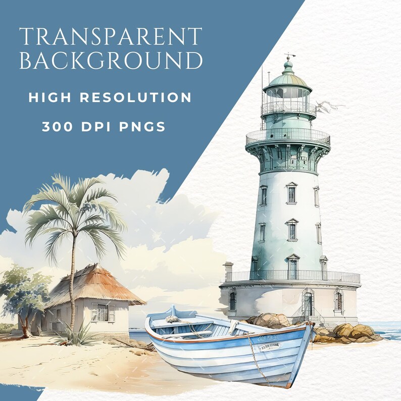 May include: A watercolour painting depicting a lighthouse, a small thatched cottage, a palm tree, and a small boat on a sandy beach. The lighthouse is white with a green roof and a blue door. The cottage is white with a brown thatched roof. The palm tree is green with a brown trunk. The boat is blue and white with a rope attached to it.