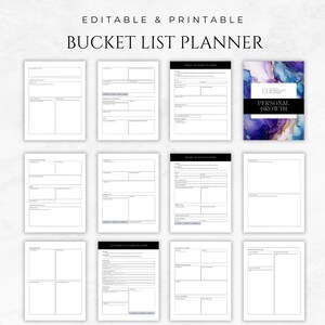 Pu&ograve; includere: Pagine di pianificatore di bucket list stampabili in bianco e nero con titoli come "Skills To Learn Planner", "Books To Read Planner", "Life Goals" e "Personal Growth".