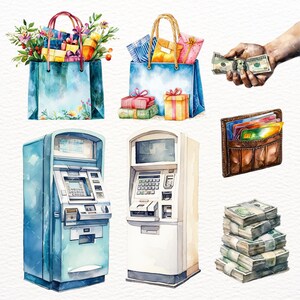 May include: Watercolor illustration featuring shopping bags filled with gifts and flowers, stacks of presents, and a hand holding cash. Also shown are two ATMs, a brown leather wallet with credit cards, and stacks of money.
