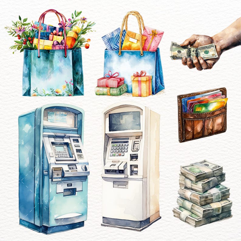 May include: Watercolor illustration featuring shopping bags filled with gifts and flowers, stacks of presents, and a hand holding cash. Also shown are two ATMs, a brown leather wallet with credit cards, and stacks of money.