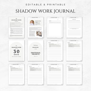 Pode incluir: Um di&aacute;rio de trabalho de sombra imprim&iacute;vel com fundo branco e texto preto. O di&aacute;rio inclui 30 dias de prompts de autocoaching e uma se&ccedil;&atilde;o para conhecer o autor.