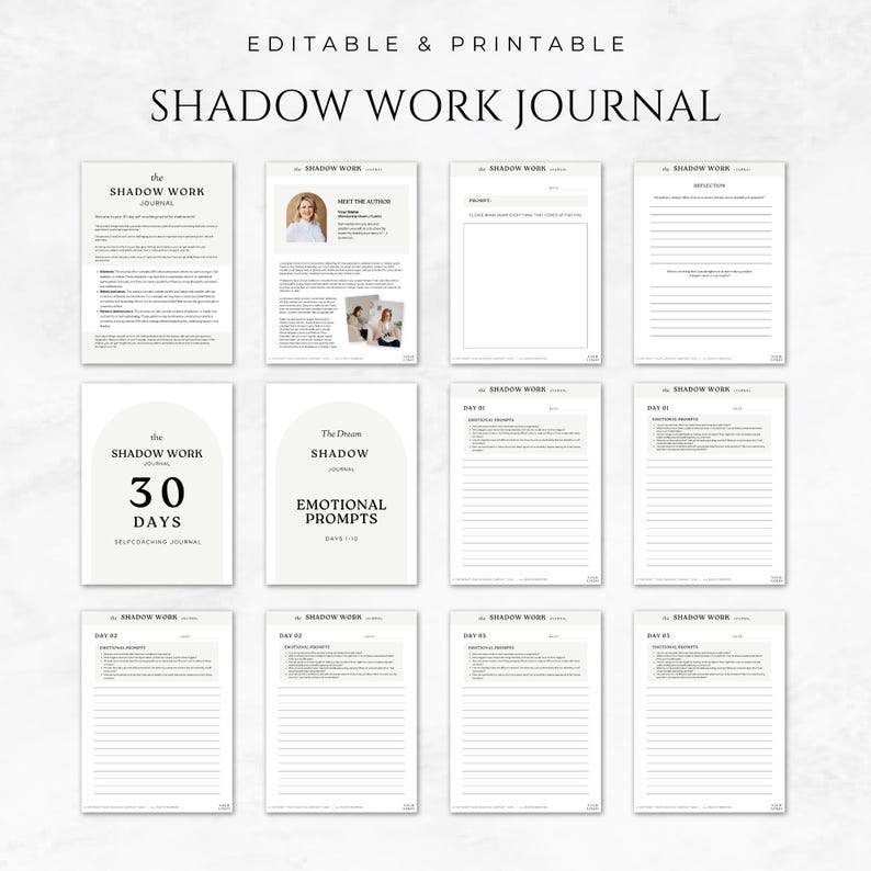 Pode incluir: Um di&aacute;rio de trabalho de sombra imprim&iacute;vel com fundo branco e texto preto. O di&aacute;rio inclui 30 dias de prompts de autocoaching e uma se&ccedil;&atilde;o para conhecer o autor.