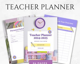 May include: A purple and yellow teacher planner with a cover featuring a clock, a pencil, and a star. The planner is titled "Teacher Planner 2024-2025" and has the text "Organize, Plan, Inspire" below the title. The planner has 64 pages.