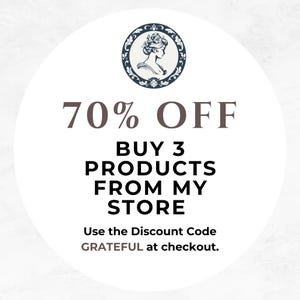 May include: A white circular graphic with a dark blue and white illustration of a woman's profile. The text reads "70% OFF, BUY 3 PRODUCTS FROM MY STORE, Use the Discount Code GRATEFUL at checkout."