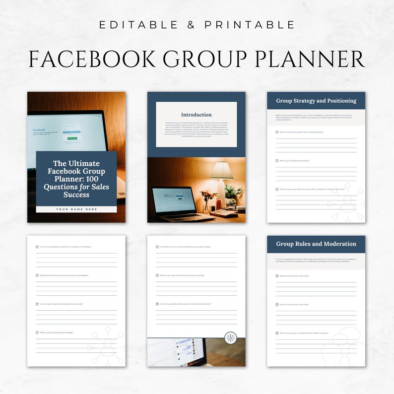 Op de afbeelding: Een printbare Facebook-groepsplanner met een blauw-wit kleurenschema. De planner bevat secties voor groepsstrategie, regels en moderatie. De tekst "The Ultimate Facebook Group Planner: 100 Questions for Sales Success" staat op de omslag.