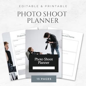 Op de afbeelding: Een printbare fotoshootplanner met 13 pagina's. De omslag toont een zwart-witfoto van een fotograaf die een foto maakt van een model. De tekst "Photo Shoot Planner" staat in een zwarte doos met een witte rand.