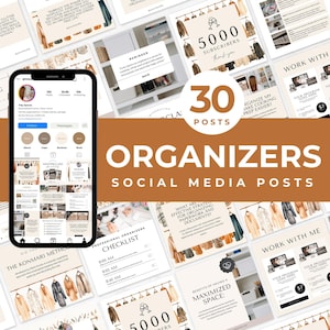 Puede incluir: Un conjunto de 30 publicaciones en redes sociales para organizadores, con un teléfono que muestra un perfil de Instagram. Las publicaciones incluyen gráficos con texto como "Organizers", "Checklist" y "5000 Subscribers". La paleta de colores es neutra con tonos marrones y beige.