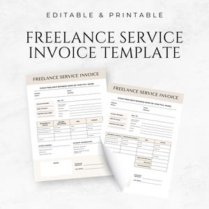 May include: Editable and printable freelance service invoice template. The template includes sections for billing information, description of services, quantity, rate, amount, payment information, and notes.