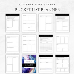 Pu&ograve; includere: Un planner di lista dei desideri stampabile con pagine per diverse categorie, tra cui obiettivi finanziari, viaggi e crescita personale. La copertina presenta un design astratto colorato con il testo "Bucket List Planner" e "Planning & Reflection".