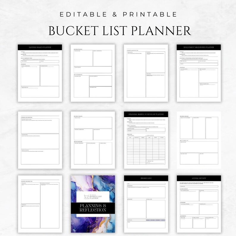 Pu&ograve; includere: Un planner di lista dei desideri stampabile con pagine per diverse categorie, tra cui obiettivi finanziari, viaggi e crescita personale. La copertina presenta un design astratto colorato con il testo "Bucket List Planner" e "Planning & Reflection".