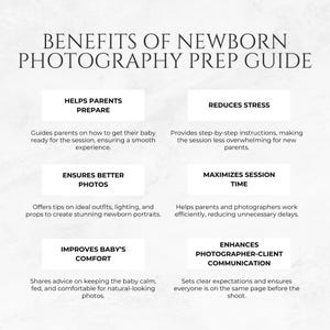 May include: A graphic with a white background and black text outlining the benefits of a newborn photography prep guide. The benefits include helping parents prepare, reducing stress, ensuring better photos, maximizing session time, improving baby's comfort, and enhancing photographer-client communication.