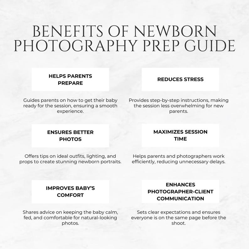 May include: A graphic with a white background and black text outlining the benefits of a newborn photography prep guide. The benefits include helping parents prepare, reducing stress, ensuring better photos, maximizing session time, improving baby's comfort, and enhancing photographer-client communication.