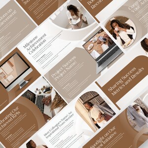May include: A presentation slide deck with a brown and beige color scheme. The slides feature text about project success, milestones, and team members. The slides also include images of people working on laptops and phones.