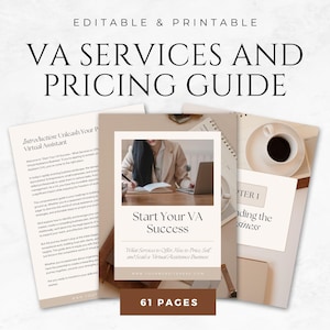 Może przedstawiać: Cyfrowy przewodnik w kolorze beżowym i brązowym z tytułem "VA Services and Pricing Guide" i podtytułem "Start Your VA Success: What Services to Offer, How to Price, Sell and Scale a Virtual Assistance Business". Przewodnik zawiera 61 stron.