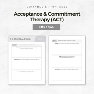 May include: A printable journal with the text "Acceptance & Commitment Therapy (ACT)" and "Journal". The journal pages are white with sections for writing, including "The Core Framework" and "The Mid-Day Pivot".