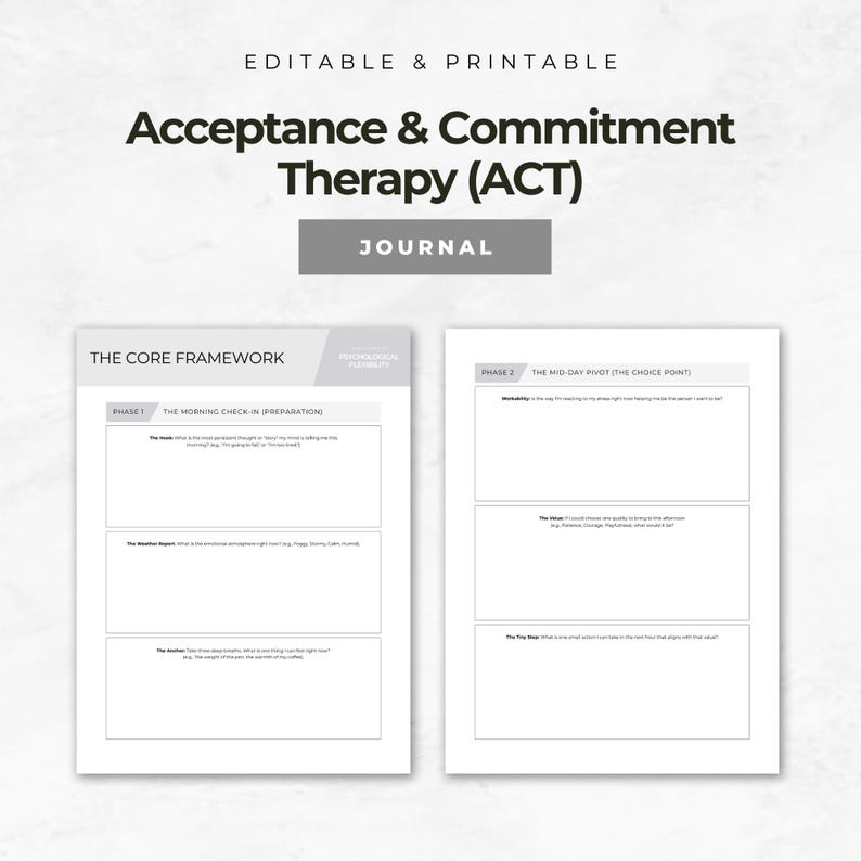 May include: A printable journal with the text "Acceptance & Commitment Therapy (ACT)" and "Journal". The journal pages are white with sections for writing, including "The Core Framework" and "The Mid-Day Pivot".