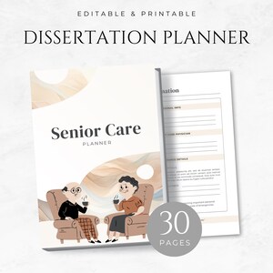 May include: A printable Senior Care Planner with 30 pages. The cover features a light brown and beige abstract background with two cartoon characters, an older man and woman, sitting in armchairs and drinking coffee.