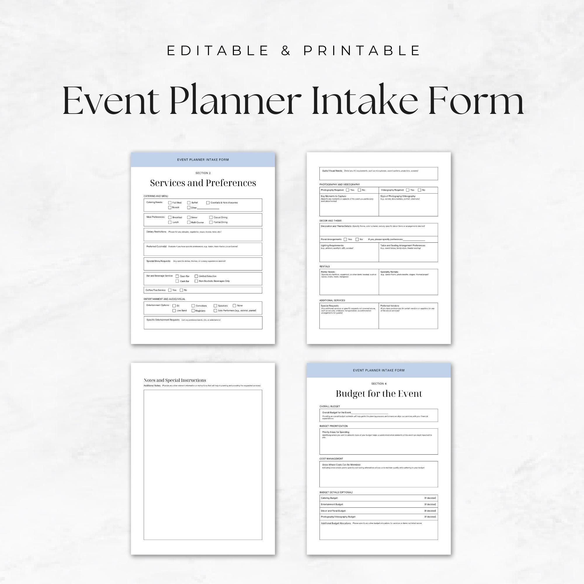 Event Intake Form Examples Event Planner Intake Form Template Event Planning Form Wedding Event ...