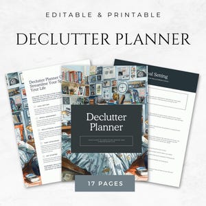 May include: A printable decluttering planner with 17 pages. The cover features a watercolor illustration of a cluttered room with a bed, bookshelves, and a wall covered in framed pictures. The title "Declutter Planner" is in a black box with white text. The text "Your Guide to Simplifying Spaces and Streamlining Life" is in a smaller white box below the title.