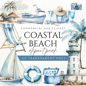 May include: A set of 40 watercolour clipart images featuring coastal beach themes. The images include a lighthouse, palm trees, a sailboat, a beach chair, a life preserver, a cooler, a beach bag, a boat, a seagull, and a camera. The images are perfect for creating invitations, cards, scrapbook pages, and other craft projects.