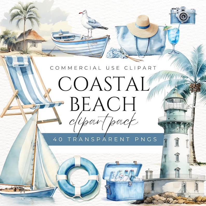May include: A set of 40 watercolour clipart images featuring coastal beach themes. The images include a lighthouse, palm trees, a sailboat, a beach chair, a life preserver, a cooler, a beach bag, a boat, a seagull, and a camera. The images are perfect for creating invitations, cards, scrapbook pages, and other craft projects.