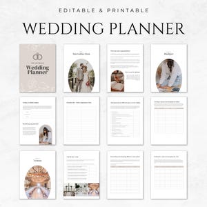 Puede incluir: Un planificador de bodas imprimible con un dise&ntilde;o minimalista. El planificador est&aacute; dividido en secciones con t&iacute;tulos como "Introducci&oacute;n", "Presupuesto" y "Lugar". Cada secci&oacute;n incluye listas de verificaci&oacute;n, tablas y indicaciones para ayudar a las parejas a planificar su boda.