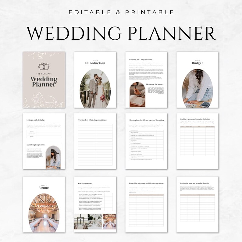 Puede incluir: Un planificador de bodas imprimible con un dise&ntilde;o minimalista. El planificador est&aacute; dividido en secciones con t&iacute;tulos como "Introducci&oacute;n", "Presupuesto" y "Lugar". Cada secci&oacute;n incluye listas de verificaci&oacute;n, tablas y indicaciones para ayudar a las parejas a planificar su boda.
