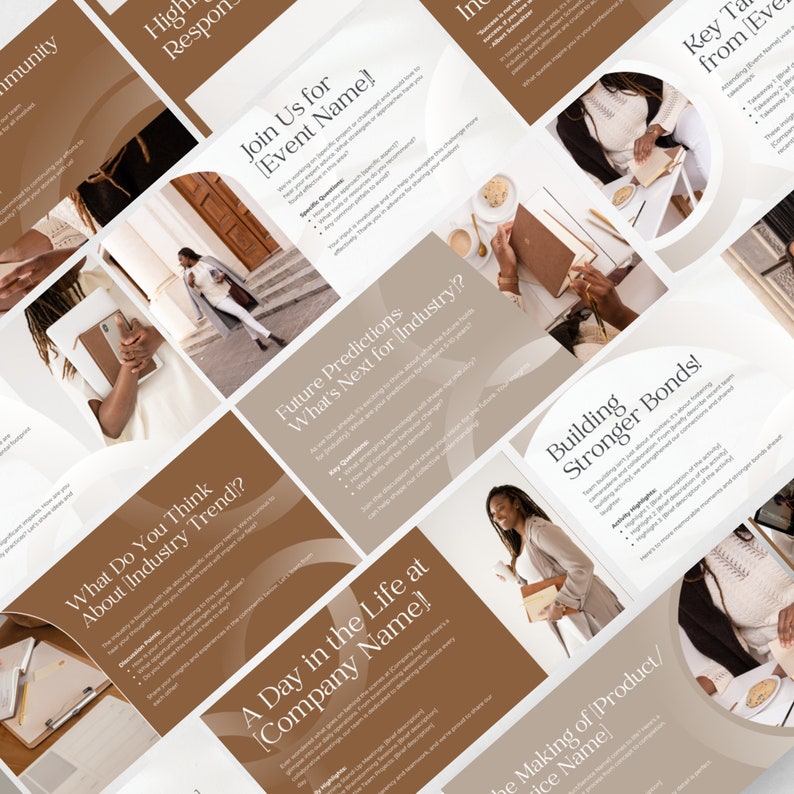 May include: A collection of slides with brown and white backgrounds. The slides feature text about building stronger bonds, future predictions, and a day in the life at a company. The slides also include images of people working on laptops and drinking coffee.