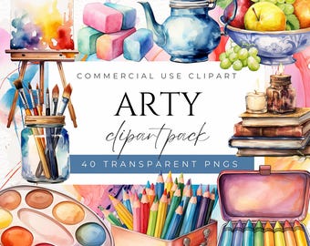 Arty Clipart Pack Watercolor Artist Tools Paint Brush & Palette PNGs Creative Supplies Clip Art  Digital Art Set Easel Clipart Drawing PNG