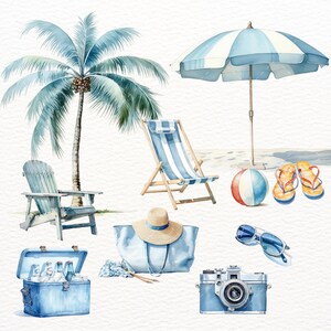May include: A watercolour illustration of beach themed items, including a blue and white striped beach chair, a blue and white striped beach umbrella, a blue cooler with a handle, a blue and white striped beach bag, a straw hat, a camera, sunglasses, and flip flops.