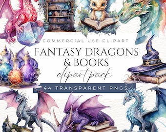 May include: A watercolour clipart pack showcasing fantasy dragons and books. The image presents dragons in pink, green, purple, and blue, alongside stacks of books, potion bottles, and a wizard's hat. The text reads "Fantasy Dragons & Books clipart pack".