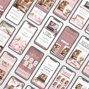 Peut inclure: Une collection de maquettes de t&eacute;l&eacute;phones roses et blanches avec diff&eacute;rents superpositions de texte. Le texte comprend "Panier ferm&eacute;", "Nom du d&eacute;fi", "Q&A", "En direct dans l'heure", "Titre bonus", "Avez-vous votre cahier de travail ?" et "Samantha Mavers".