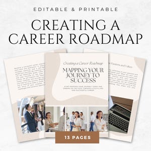 Może przedstawiać: Drukowany przewodnik po mapie drogowej kariery zatytułowany "Tworzenie mapy drogowej kariery" i opatrzony podtytułem "Mapowanie Twojej podróży do sukcesu". Przewodnik zawiera 13 stron i zawiera zdjęcia profesjonalistów. Tekst brzmi "Edytowalne i do druku".