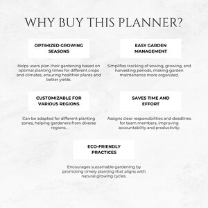 May include: A white and gray graphic with the text "Why Buy This Planner?" and a list of benefits for using a garden planner. The benefits include: Optimized Growing Seasons, Easy Garden Management, Customizable for Various Regions, Saves Time and Effort, and Eco-Friendly Practices.